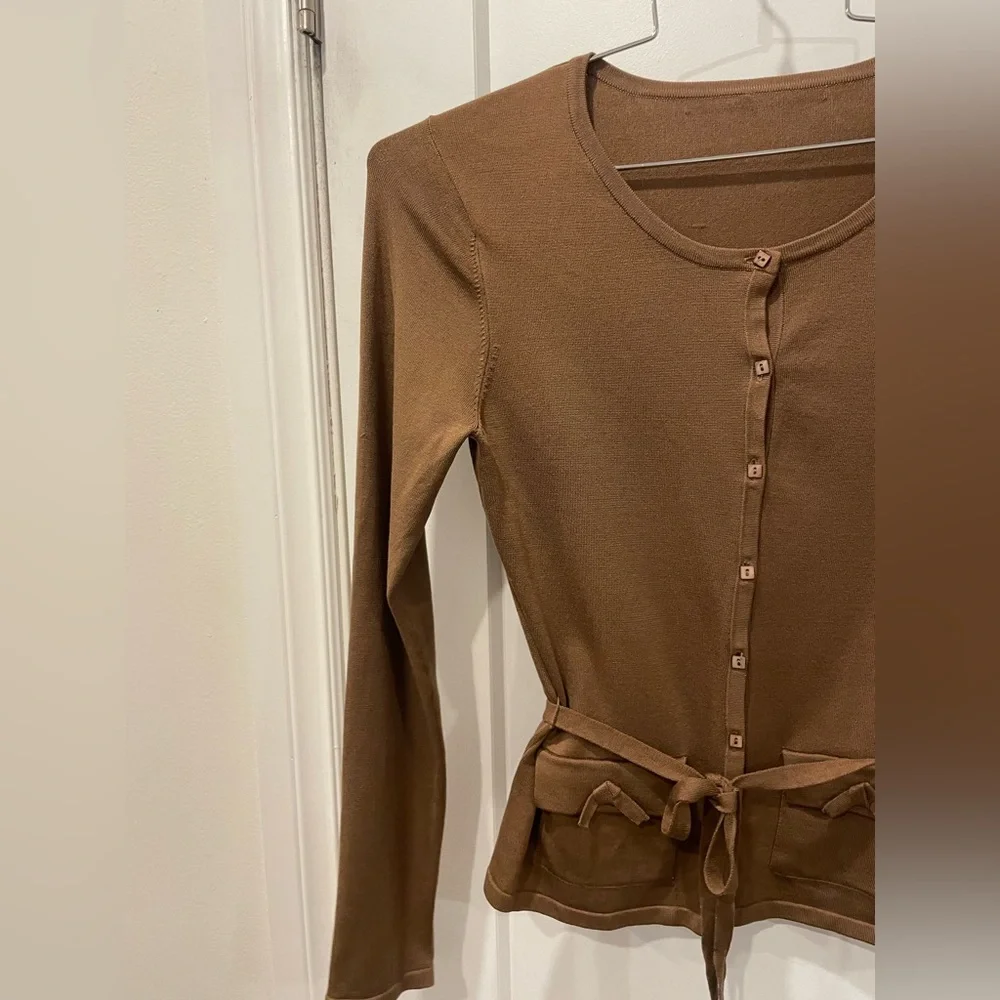 Silk Brown Button-Up Women's cardigan with tie waist - Picture 8 of 16